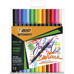 BIC Intensity feutre d'écriture Double Pointe et Corps Noir Mat - Couleurs assorties, Pochette de 12