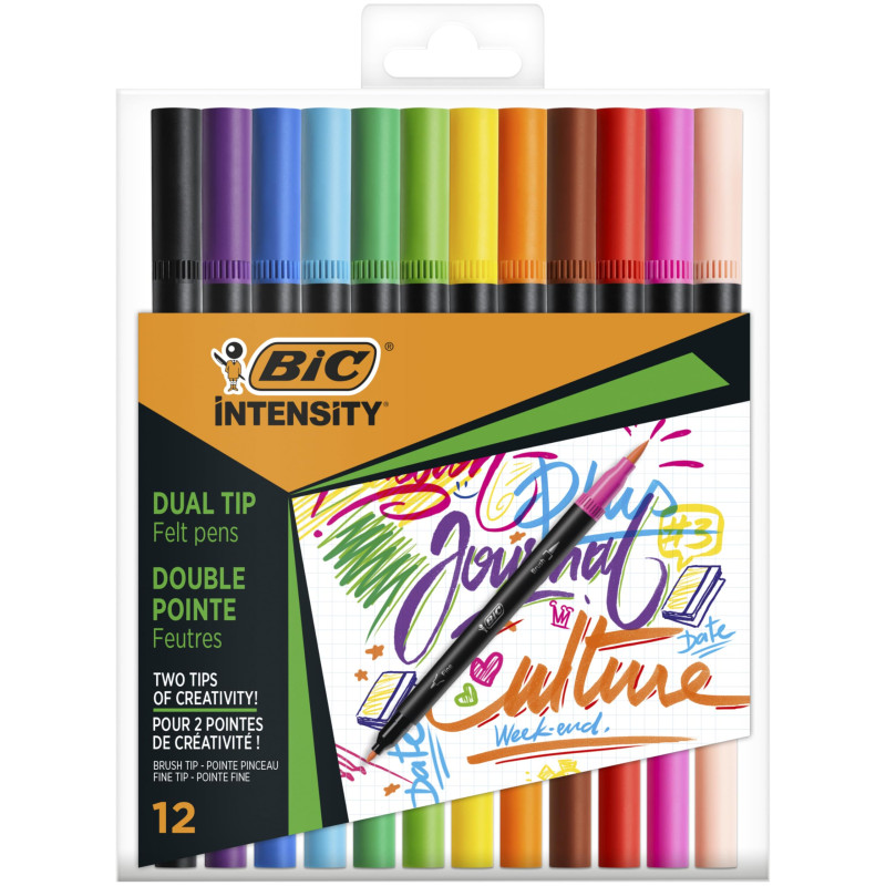 BIC Intensity feutre d'écriture Double Pointe et Corps Noir Mat - Couleurs assorties, Pochette de 12 BIC Intensity feutre d'écriture Double Pointe et Corps Noir Mat - Couleurs assorties, Pochette de 12
