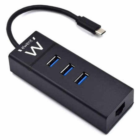 Ewent EW1141 Hub USB C, 3 Ports USB 3.0 et Adaptateur LAN 1000 Mbps Gigabit Ethernet RJ45, Hub de Transmission de données USB 3.