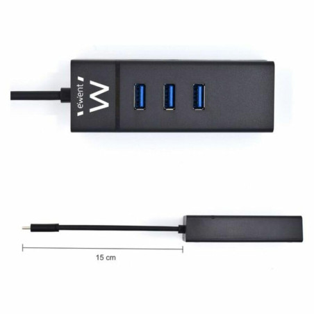 Ewent EW1141 Hub USB C, 3 Ports USB 3.0 et Adaptateur LAN 1000 Mbps Gigabit Ethernet RJ45, Hub de Transmission de données USB 3.