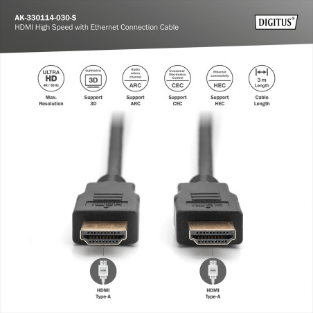 DIGITUS Câble HDMI - 3 m - UltraHD 4k 30 Hz - avec canal Ethernet - compatible avec TV, vidéoprojecteur, moniteur - contacts pla