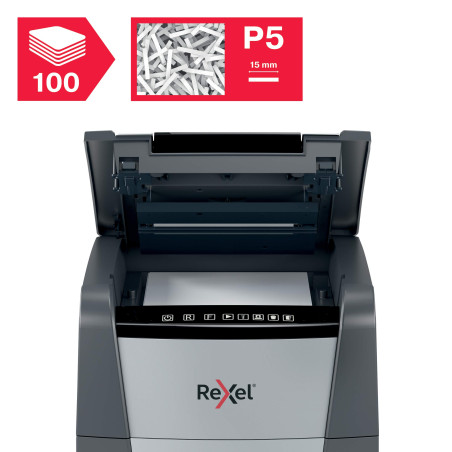 Rexel 2020100M Auto+ 100M – Destructeur de Documents Automatique Coupe Micro Sécurité P5, Capacité 100 Feuilles, Corbeille 34 li