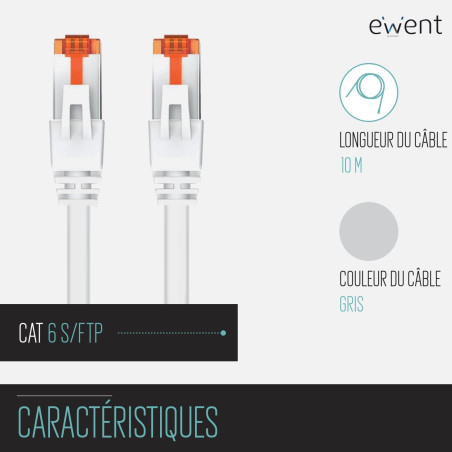 Ewent Câble Patch Ethernet Cat 6 S/FTP, Transmission jusqu'à 1Gigabit, AWG 27/7, Double Blindage, 2 connecteurs RJ45. Idéal pour