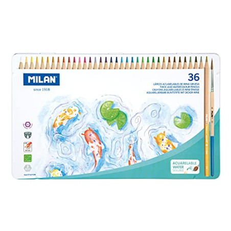 MILAN Boîte métallique 36 crayons de couleurs aquarellables mine épaisse Ø 3,5 mm hexagonale + pinceau