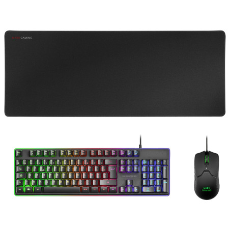 Mars Gaming MCPXBFR, FR, Combo H-Mech Clavier + Souris ultralégère + Tapis de Souris XXL, Noir