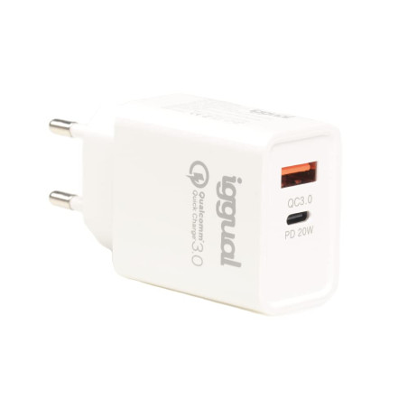 iggual - Chargeur mural USB à double prise | Adaptateur secteur USB C type PD 20 W + adaptateur d'alimentation USB QC3.0 | Compa