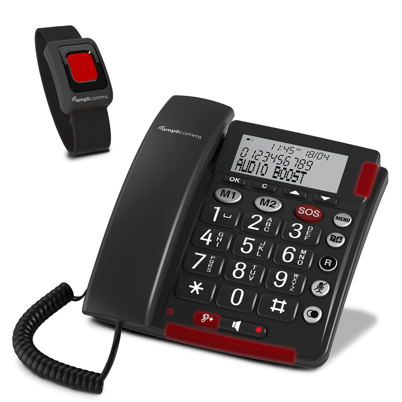 Amplicomms BigTel 50 Alarm Plus, téléphone Filaire à Gros Boutons, avec Bouton SOS et Bracelet d’Urgence, très Fort, Compatible Amplicomms BigTel 50 Alarm Plus, téléphone Filaire à Gros Boutons, avec Bouton SOS et Bracelet d’Urgence, très Fort, Compatible