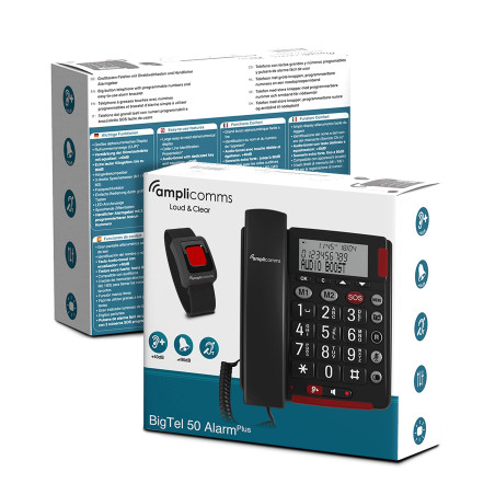 Amplicomms BigTel 50 Alarm Plus, téléphone Filaire à Gros Boutons, avec Bouton SOS et Bracelet d’Urgence, très Fort, Compatible