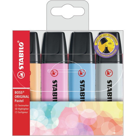 STABILO BOSS ORIGINAL Pastel- Surligneur - Pochette x 4 surligneurs pastel - abricot, bleu, mauve, gris