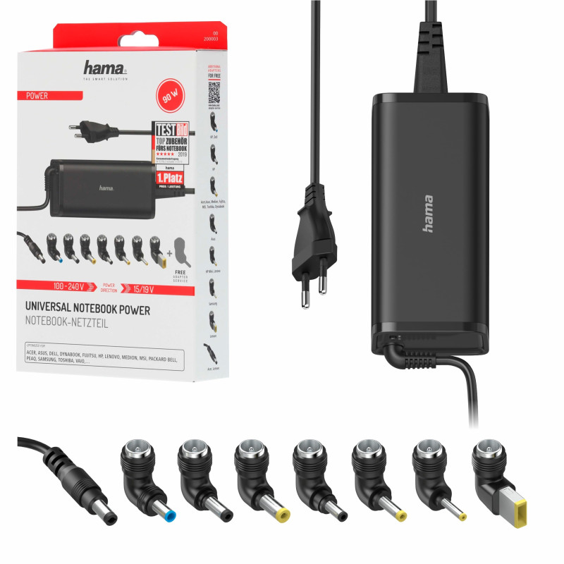 Hama 90W Chargeur Rapide Universel pour PC Portable 15-19V - [8 Adaptateurs] [Protection Contre la surchauffe & sur-tensions] No