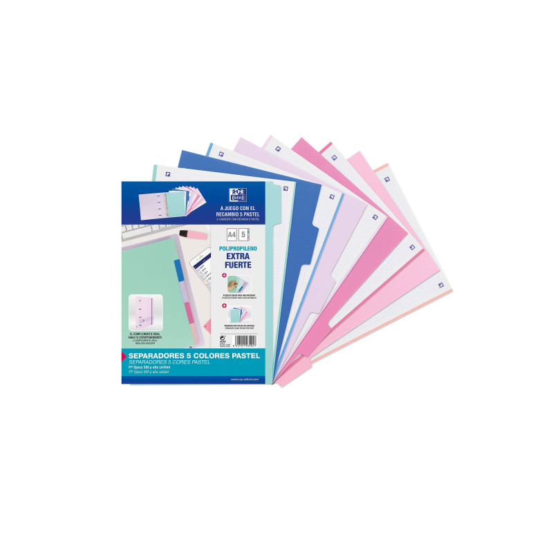 Oxford Strongline, intercalaires de classement 4 anneaux A4, plastique opaque, 5 positions, 4 trous, 5 couleurs pastel Oxford Strongline, intercalaires de classement 4 anneaux A4, plastique opaque, 5 positions, 4 trous, 5 couleurs pastel