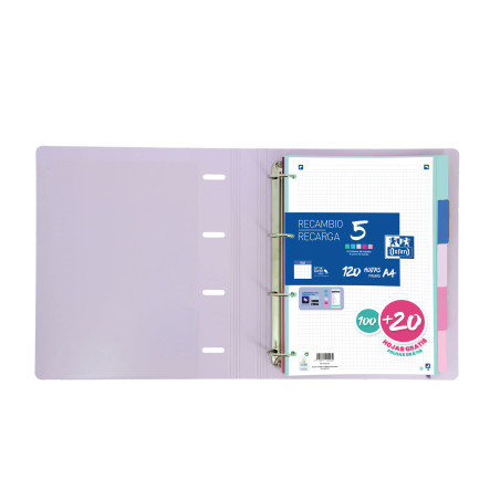 Oxford Strongline, intercalaires de classement 4 anneaux A4, plastique opaque, 5 positions, 4 trous, 5 couleurs pastel