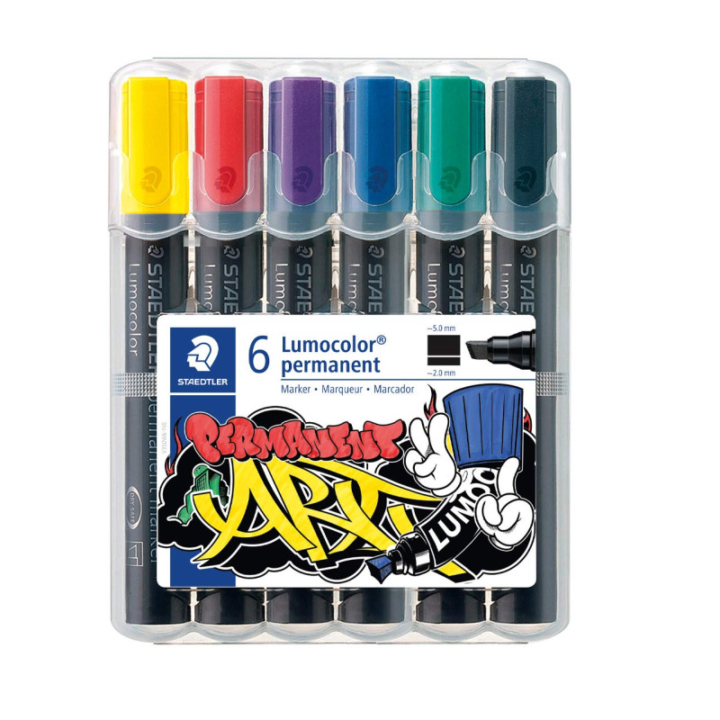 Staedtler Lumocolor Permanent, Marqueurs permanents multi-surfaces à pointe biseau, Encre résistante à l'eau et aux UV, Étui che Staedtler Lumocolor Permanent, Marqueurs permanents multi-surfaces à pointe biseau, Encre résistante à l'eau et aux UV, Étui che