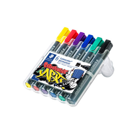 Staedtler Lumocolor Permanent, Marqueurs permanents multi-surfaces à pointe biseau, Encre résistante à l'eau et aux UV, Étui che