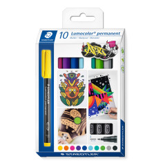 Staedtler - Lumocolor Permanent 318 - Etui Carton 10 Feutres Permanents Pointe Fine 0,6mm Assortis - 318 C10