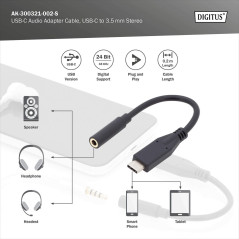 DIGITUS Câble adaptateur USB 3.2 Gen1-0.2 m - USB C (mâle) vers jack 3.5 mm (femelle) - 5 Gbit/s - Adaptateur USB - noir