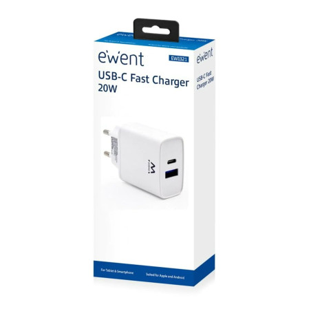 Ewent EW1321, Chargeur mural USB C, PD Power Delivery 3.0 & Quick Charge 3.0 2Ports Chargeur USB Type C à charge rapide pour iPh