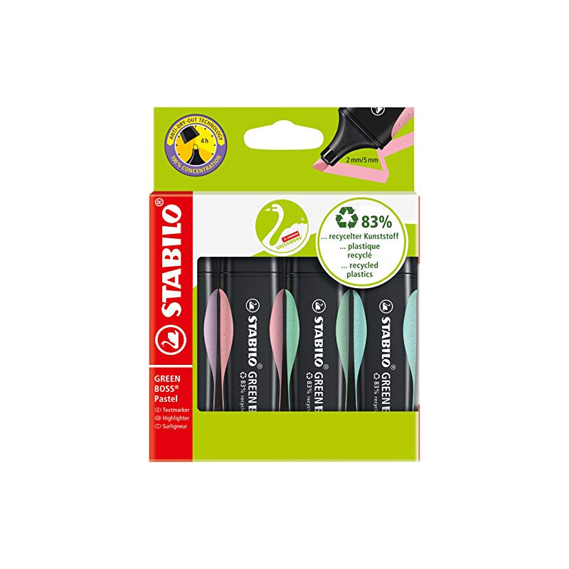 STABILO GREEN BOSS Pastel - Surligneur - Pochette x 4 surligneurs ecoresponsables - coloris pastel assortis