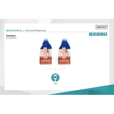DIGITUS Câble LAN Cat 6-3m - RJ45 Câble réseau - S/FTP Blindé - Compatible Cat 6A & Cat 7 - Bleu