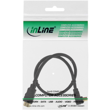 InLine 17055 V Câble HDMI Fiche coudée High Speed Ethernet, Prise sur, Contacts plaqués Or, 0,5 m (Noir)