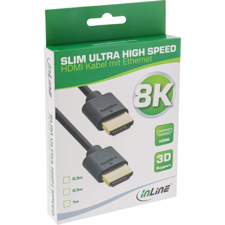 InLine® Cable HDMI Slim Ultra Haute Vitesse 8K4K Mâle/Mâle 2m Noir/Or