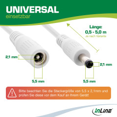 InLine Câble d'extension CC, bloc d'alimentation universel pour bandes LED, caméras de surveillance, imprimantes, routeurs, comm