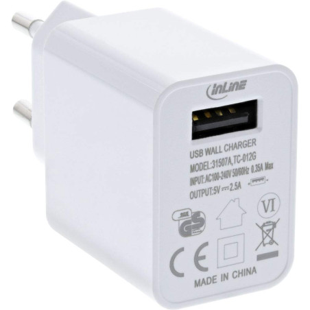InLine® Chargeur USB Simple Chargeur Telephone Bloc d'alimentation Adaptateur d'alimentation 100-240 V vers 5 V2,5 A Blanc