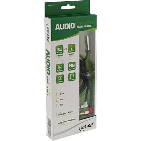 InLine 99251B Slim Audio Casque Audio Avion Câble Adaptateur 2 x Jack 3,5 mm Mâle vers Prise Jack 3,5 mm 3 Broches 2 m Noir