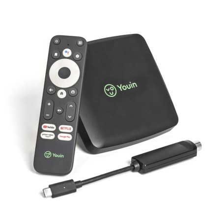 YOUIN Récepteur Android TV T2 EN1060K 4K UHD avec DVB-T2 Chromecast Assistant Google HDMI WiFi Dual Band Bluetooth USB TV Connec