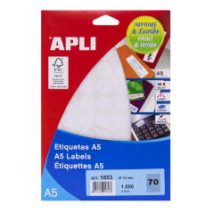 APLI labels A5 Print & Write 19 x 19 mm Blanc 1190pieza (s) – autocollantes (couleur blanc, A5, 19 mm, 19 mm, 190 x 125 x 6 mm,