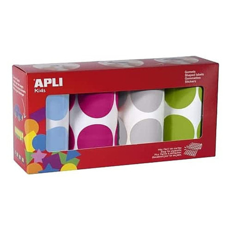 APLI Kids 18301 - Pack de 4 rouleaux de gommettes rondes XXL rondes diamètre 45 mm, fuchsia/bleu/gris/vert