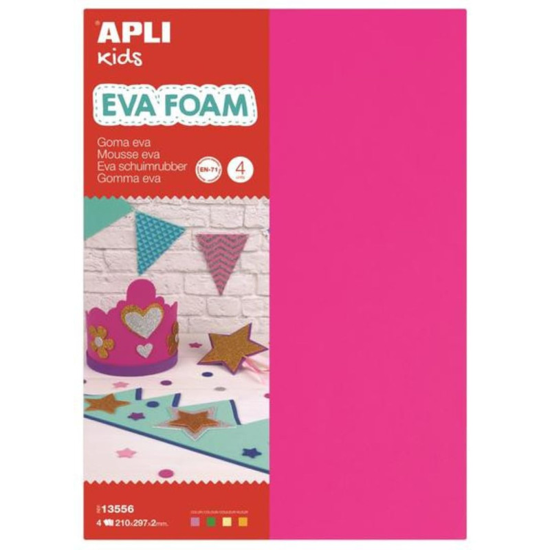 APLI 13556 - Pochette de 10 feuilles de mousse en caoutchouc EVA - Couleur: Jaune, rose, vert et orange fluo - Dimensions: 210x2 APLI 13556 - Pochette de 10 feuilles de mousse en caoutchouc EVA - Couleur: Jaune, rose, vert et orange fluo - Dimensions: 210x2