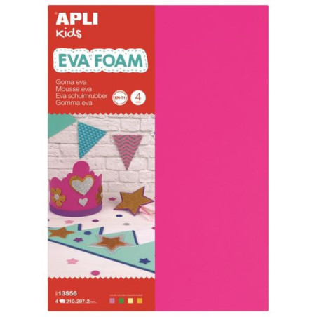 APLI 13556 - Pochette de 10 feuilles de mousse en caoutchouc EVA - Couleur: Jaune, rose, vert et orange fluo - Dimensions: 210x2