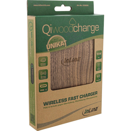 InLine® Qi woodcharge, Chargeur Rapide sans Fil, Chargement de Smartphone sans Fil, 5/7,5/10 W/15 W, Type C
