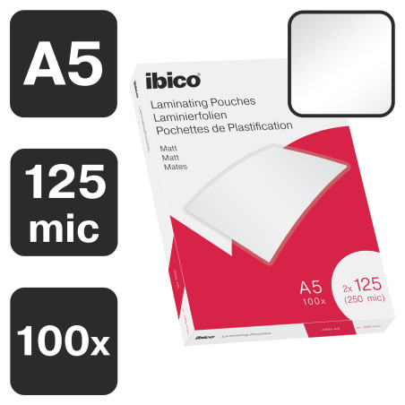 Ibico Pochettes de Plastification A5, 250 microns (2x125), Haute Protection et Durabilité des Documents, Paquet de 100, Finition