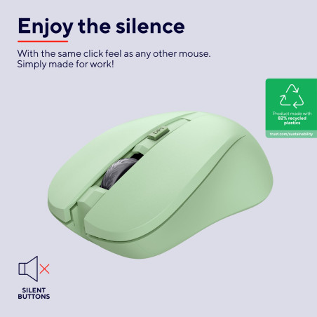 Trust Mydo Souris sans Fil Silencieuse, 82% Plastiques Recyclés 1000-1800 DPI, Récepteur USB Stockable, RF 2.4GHz, pour Gauchers