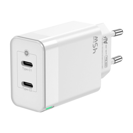 Aisens ASCH-45W2P005-W Cargador GaN de Pared 2xUSB Tipo-C 45W Blanco