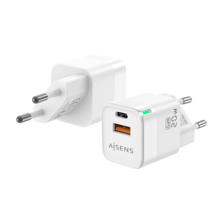 Aisens ASCH-20W2P002-W Cargador GaN de Pared 1x USB Tipo-C 1x USB 20W Blanco