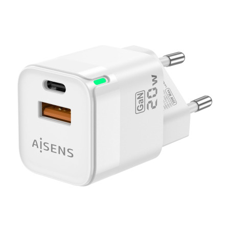 Aisens ASCH-20W2P002-W Cargador GaN de Pared 1x USB Tipo-C 1x USB 20W Blanco