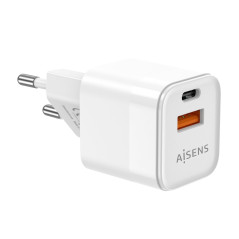 Aisens ASCH-20W2P002-W Cargador GaN de Pared 1x USB Tipo-C 1x USB 20W Blanco