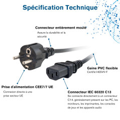 C2G Câble d'alimentation de 5M (IEC320C13 à CEE 7/7 Schuko) 15 pi Convient pour PC, Moniteurs, Appareils électroménagers. Cordon