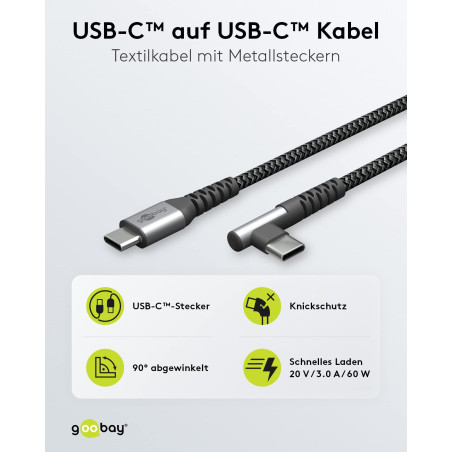 goobay 64659 - Câble USB-C vers USB-C avec angle de 90 °/chargeur rapide de 60 W et 20 V - Fiche métallique avec protection anti