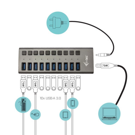 i-tec Hub USB Alimenté, Hub USB 3.0 à 10 Ports Dédiés à la Charge avec Interrupteurs Marche/Arrêt - Concentrateur USB 3.0 avec A