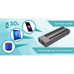 i-tec Hub USB Alimenté, Hub USB 3.0 à 10 Ports Dédiés à la Charge avec Interrupteurs Marche/Arrêt - Concentrateur USB 3.0 avec A