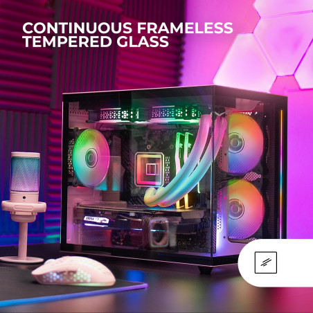 Mars Gaming MC-View, Boîtier Mini-Tour Gaming Micro-ATX, Verre Trempé 90° sans Cadre, Structure Modulaire Double Chambre, Suppor