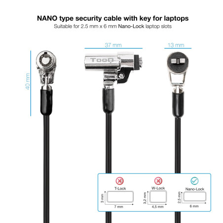 TOOQ TQCLKC0045-G - Câble de sécurité à fente de type Nano avec clé pour ordinateurs portables 1,5 mètres, gris foncé