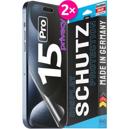 2x se® Film de Protection 3D Privacy pour Apple iPhone 15 Pro, Auto-réparateur, Compatible Empreinte & FaceID, Installation Sans