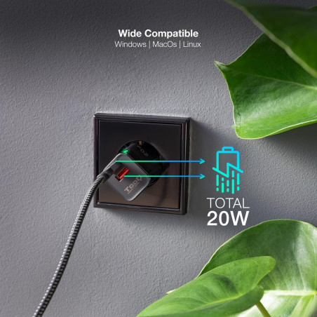 TOOQ TQWC-QCPD20 - Chargeur Mural multiport USB-C avec PD et USB-A avec QC 20W, Compatible avec Huawei, Xiaomi et Plus, Noir