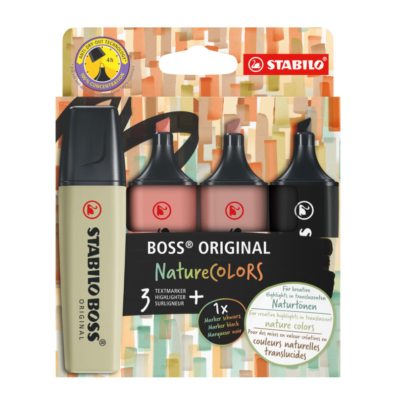 STABILO BOSS ORIGINAL NatureCOLORS - Surligneur - Etui carton x 4 surligneurs - marron glacé, orange rouille, vert tilleul, noir STABILO BOSS ORIGINAL NatureCOLORS - Surligneur - Etui carton x 4 surligneurs - marron glacé, orange rouille, vert tilleul, noir