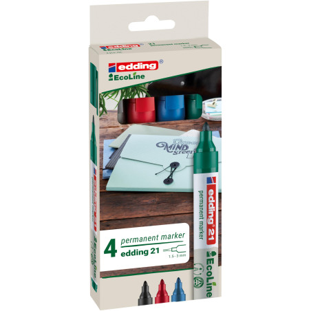 edding 21 EcoLine marqueur permanent - multi-couleur - étui de 4 stylos - pointe ronde fine 1,5-3mm - sèche vite - résiste à l'e